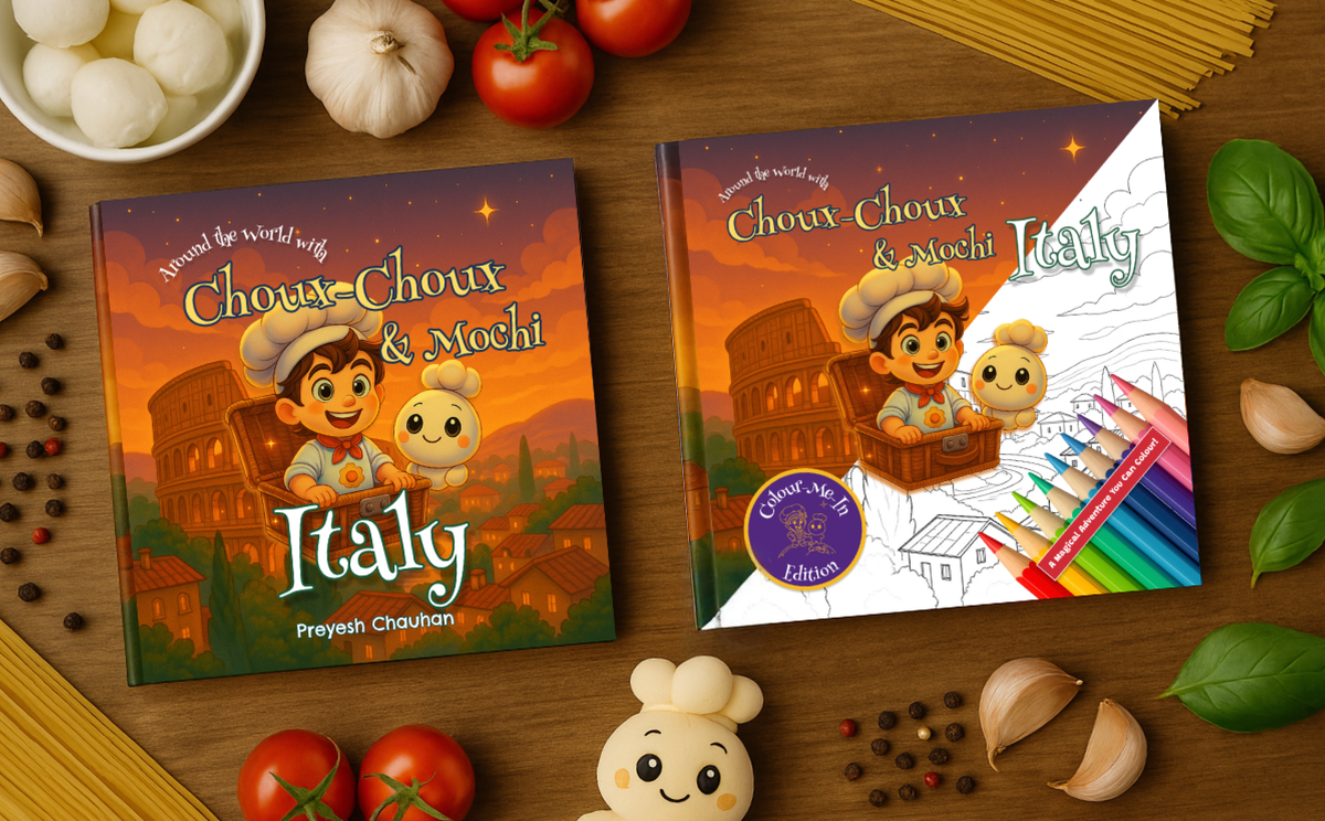 Two children's books titled 'Choux-Choux & Mochi Italy' on a wooden table with food items.